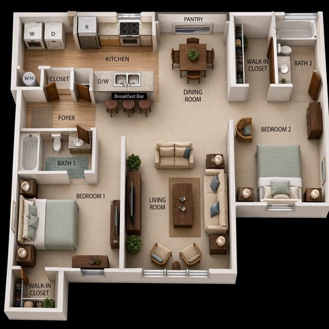 Floor plan for 2 beds, 2 baths, 1079 sqft